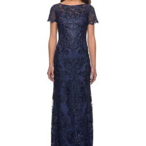 La Femme Navy Blue Shimmer Floral Embroidered A-Line Gown Dress